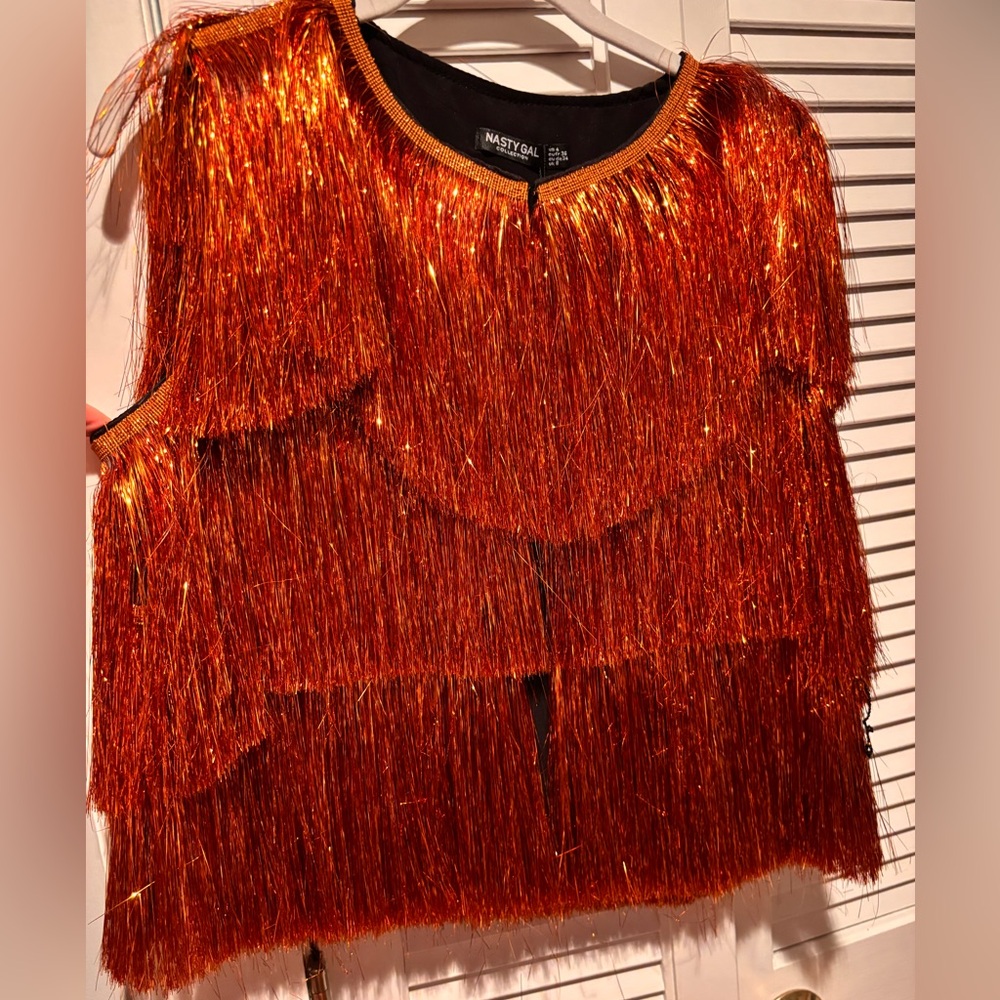 Nasty Gal Cropped Tinsel Fringe Vest - Orange